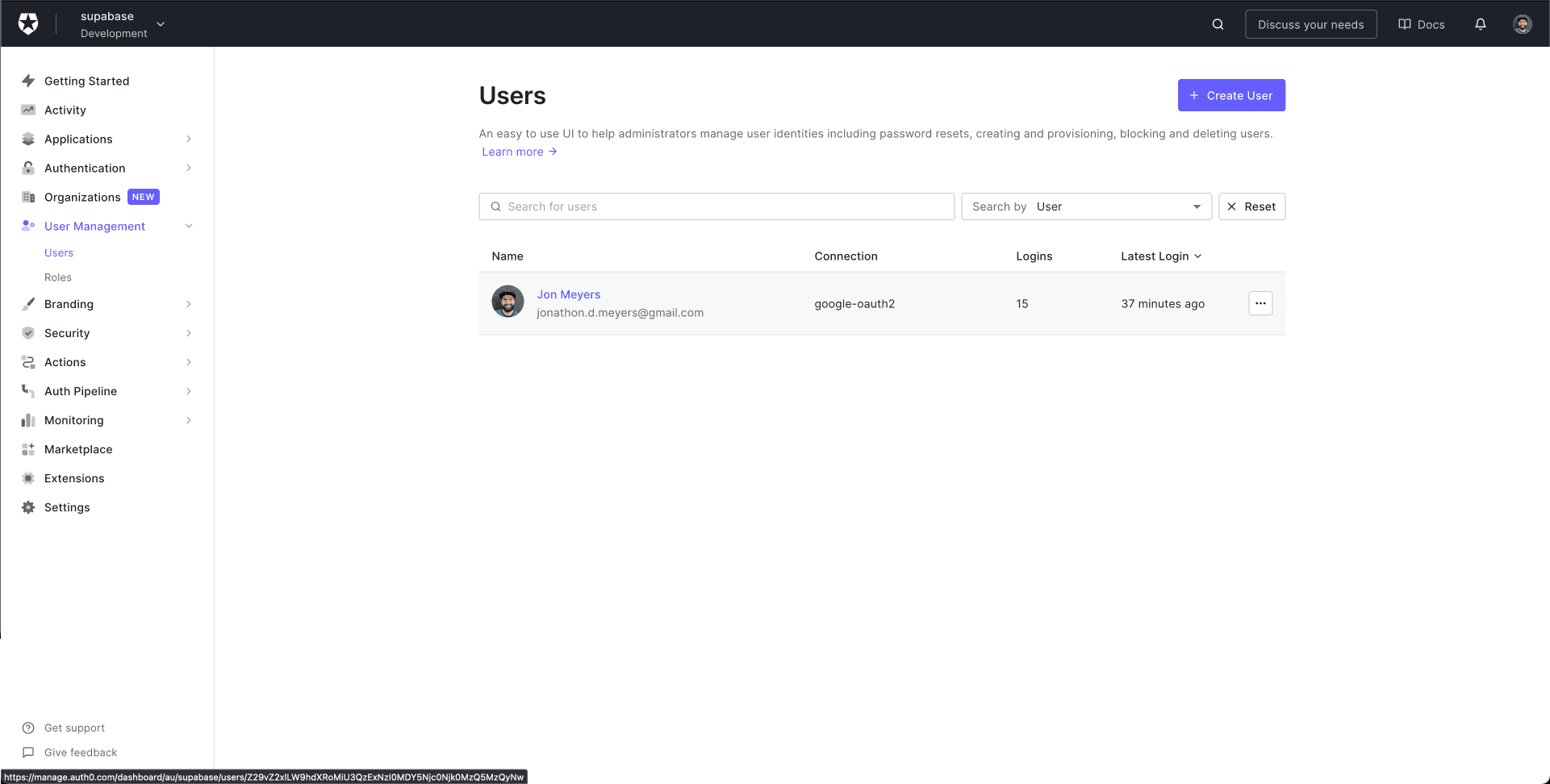 List of users in Auth0 dashboard