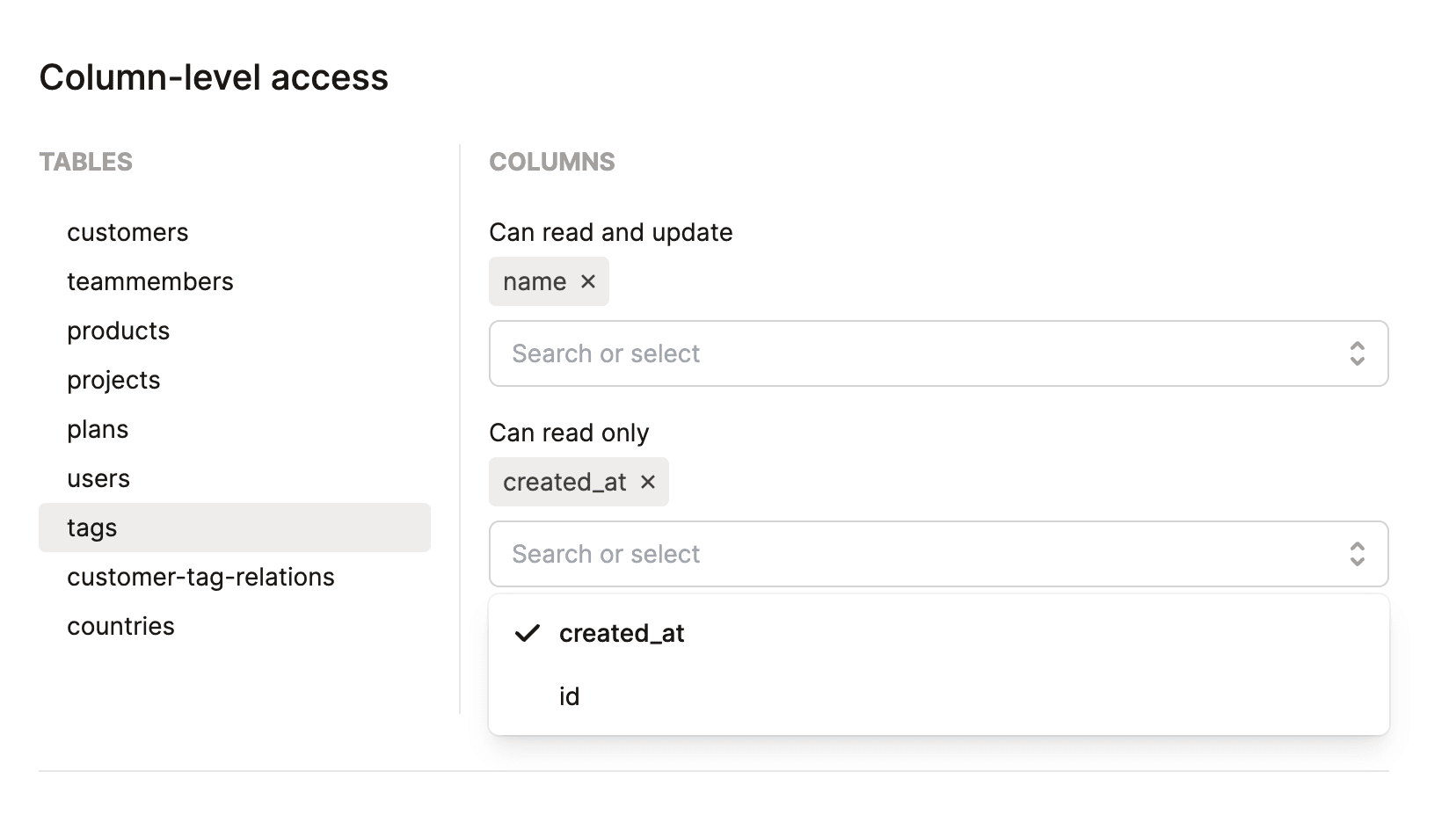 Set column-level access in Dashibase