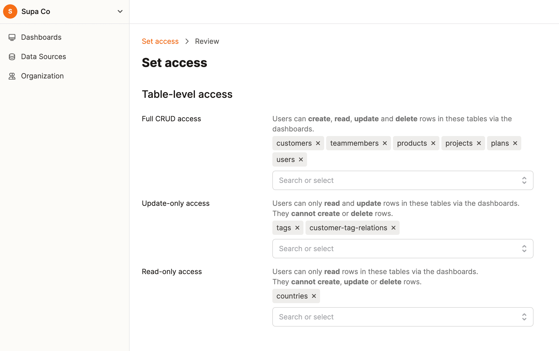 Set data access in Dashibase